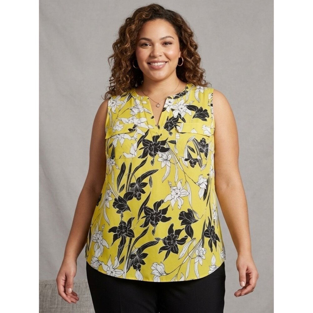 Worthington Woman Yellow Floral Sleeveless Blouse Top 1X Career Plus Size